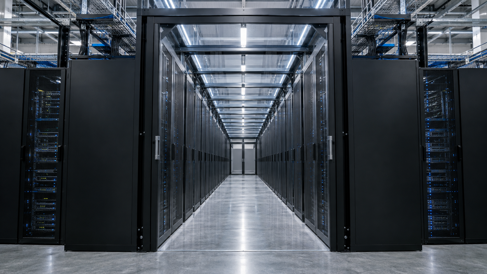Long enclosed hot aisle between rows of server cabinets