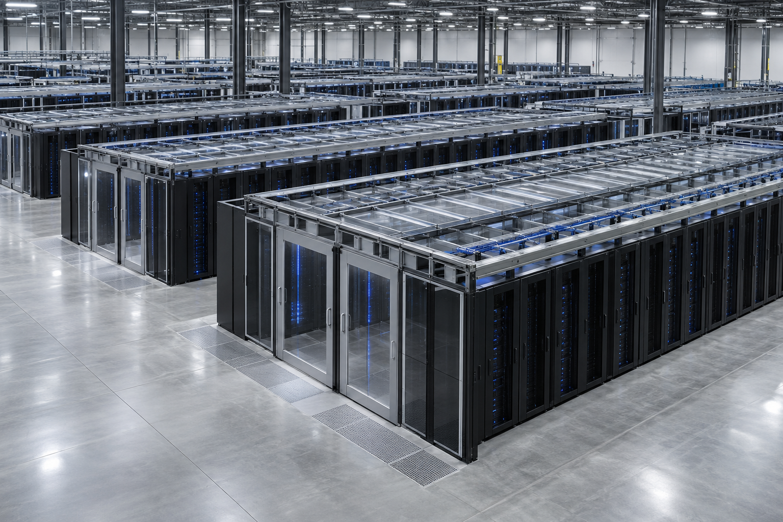 Multiple rows of hot aisle containment in a large data center
